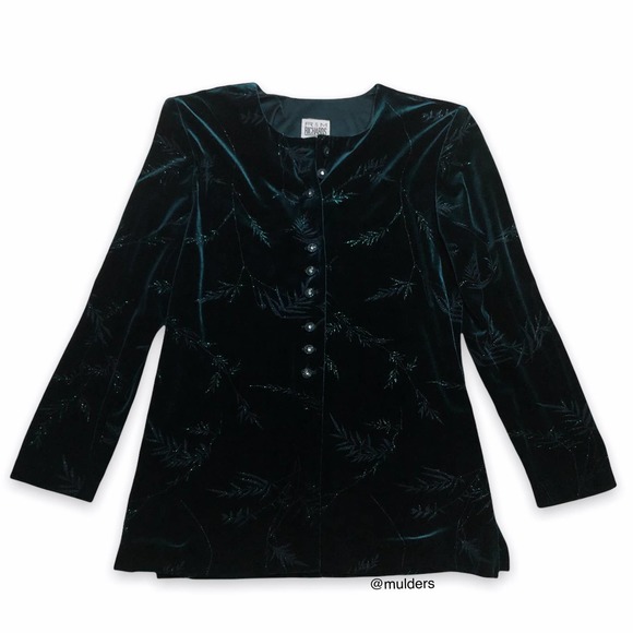 Vintage R&M Richards Petite Dark Green Long Sleeve Velour Holiday Cardigan - Picture 1 of 13